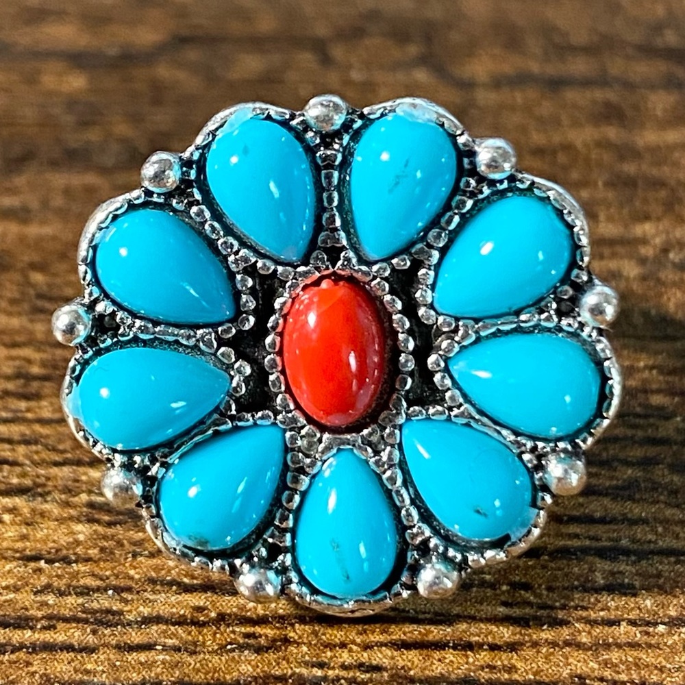 Boho Flower Turquoise & Stainless Steel Women’s Ring Size 6